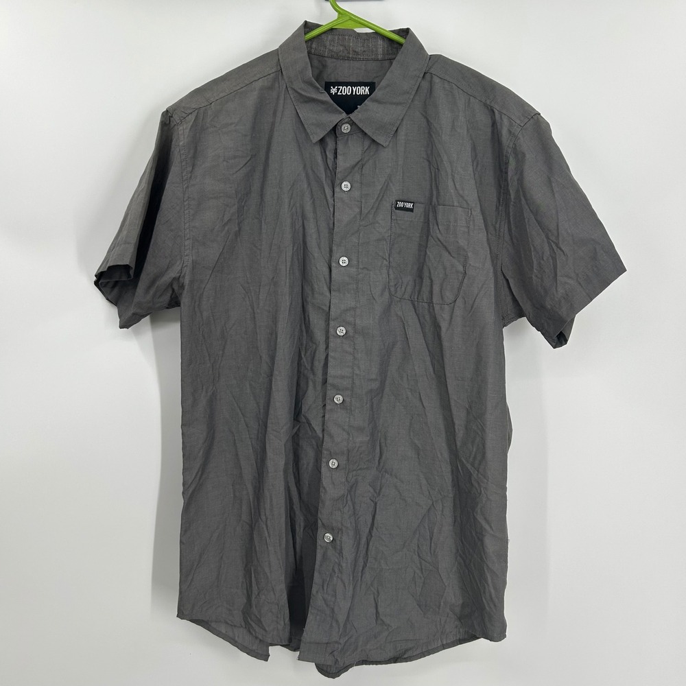 Zoo York Mens Large Gray Short Sleeve Button Front Skater Shirt Logo Patch 0869